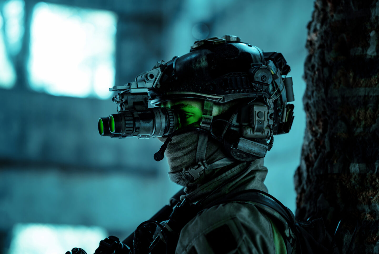 Night vision BNVD worn by operative